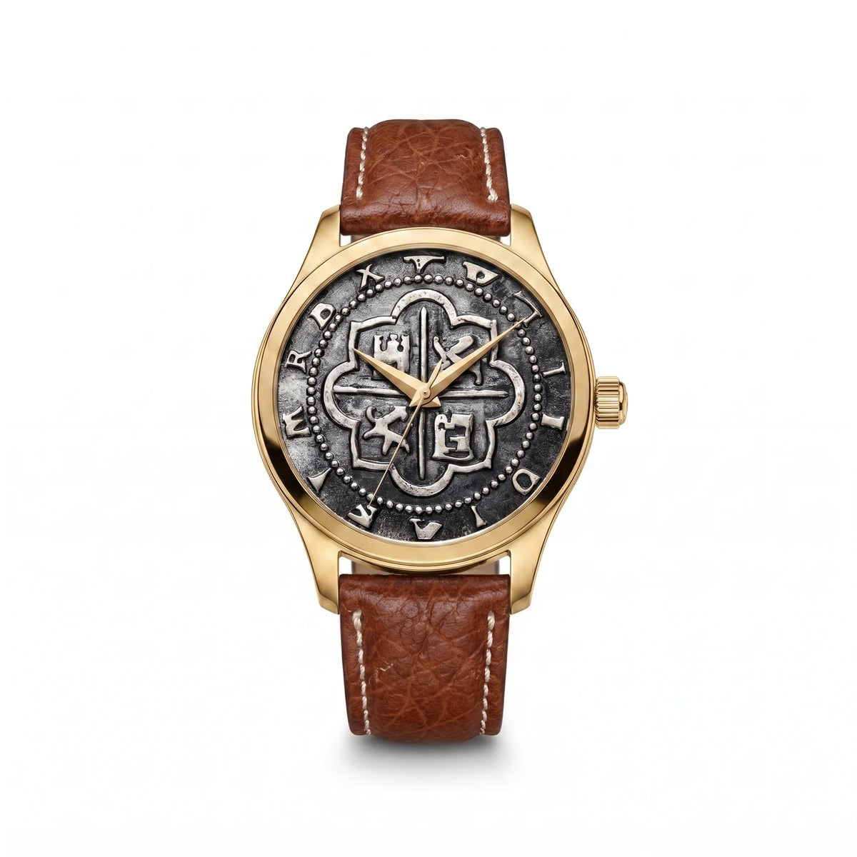 Atocha Recreation Silver Coin Watch with Gold Case &amp; Brown Leather Band