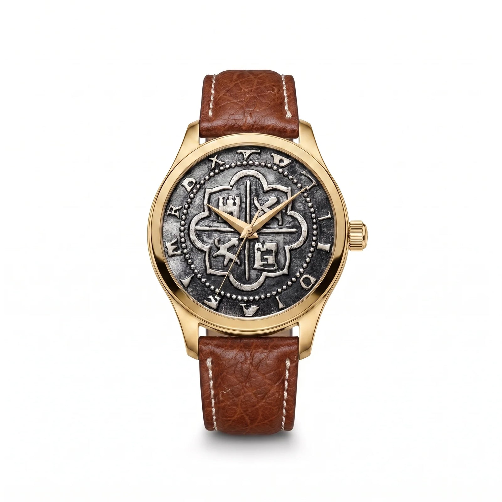 Atocha Recreation Silver Coin Watch with Gold Case & Brown Leather Band