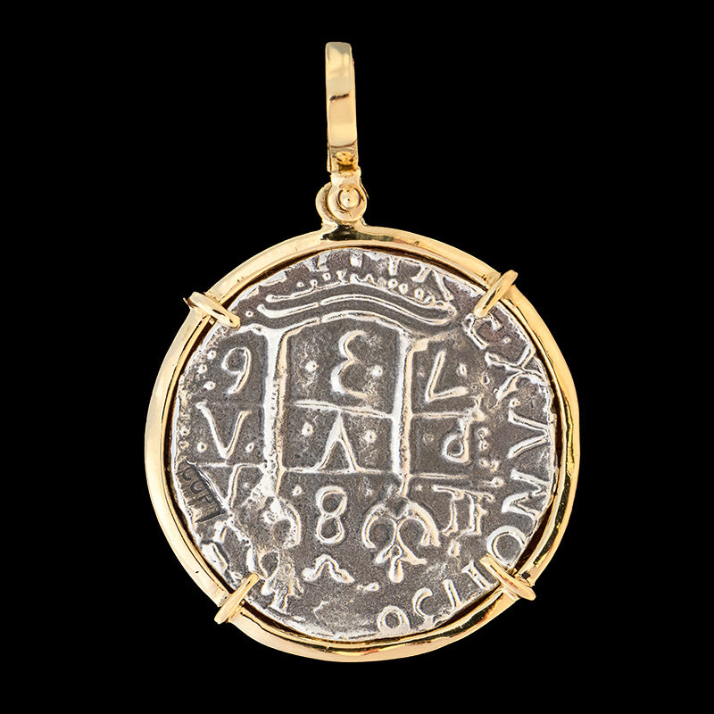 Atocha Jewelry - 8 Reale Silver Coin Pendant with 14k Gold Frame