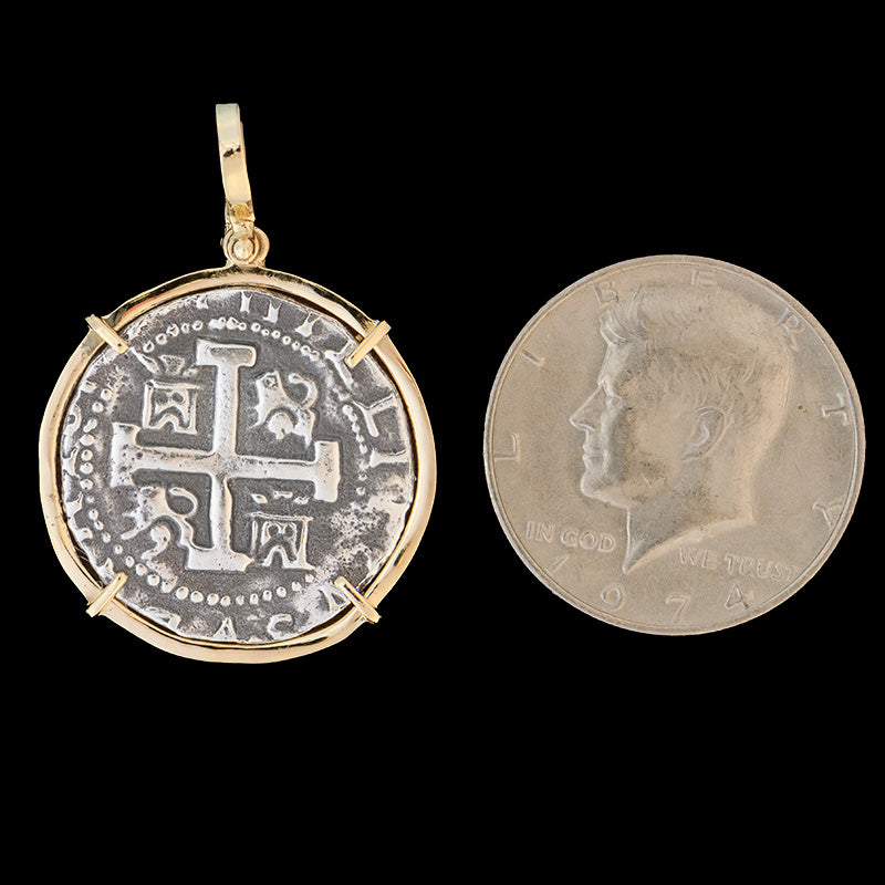 Atocha Jewelry - 8 Reale Silver Coin Pendant with 14k Gold Frame