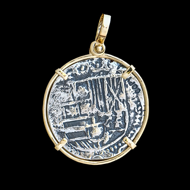 Atocha Jewelry - 2 Reale Silver Coin Pendant with 14k Gold Frame