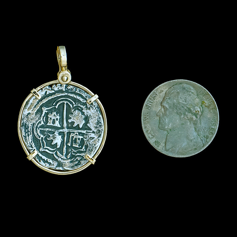 Atocha Jewelry - 2 Reale Silver Coin Pendant with 14k Gold Frame