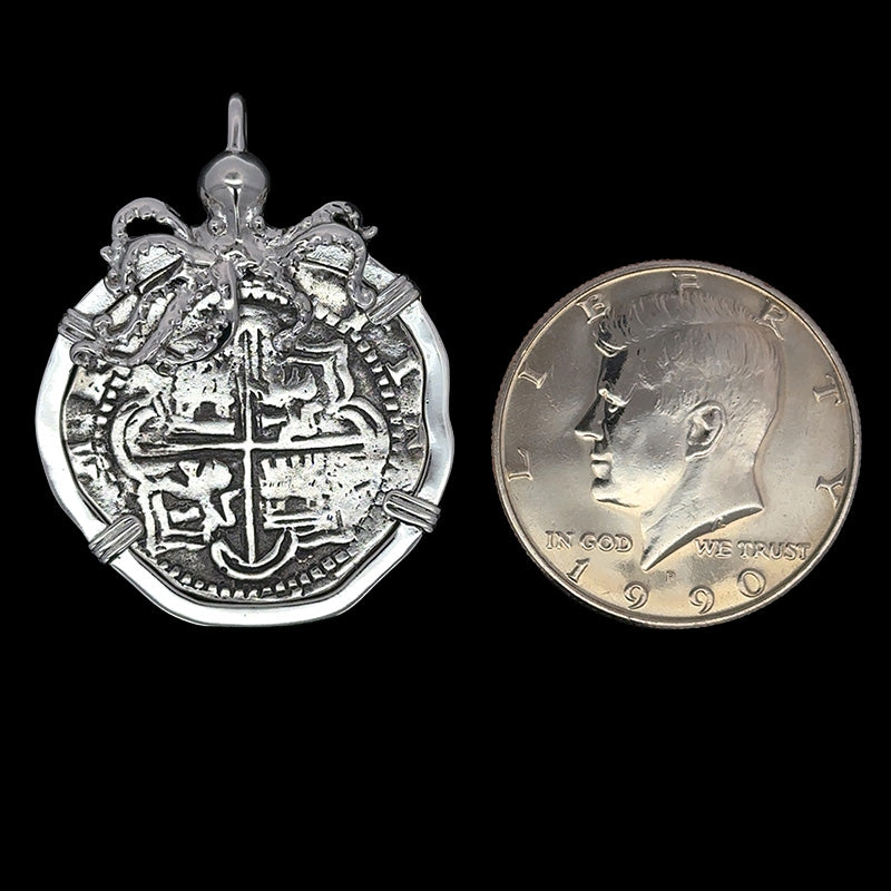 Atocha Jewelry - 8 Reale Silver Coin Large Octopus Pendant with Sterling Silver Frame