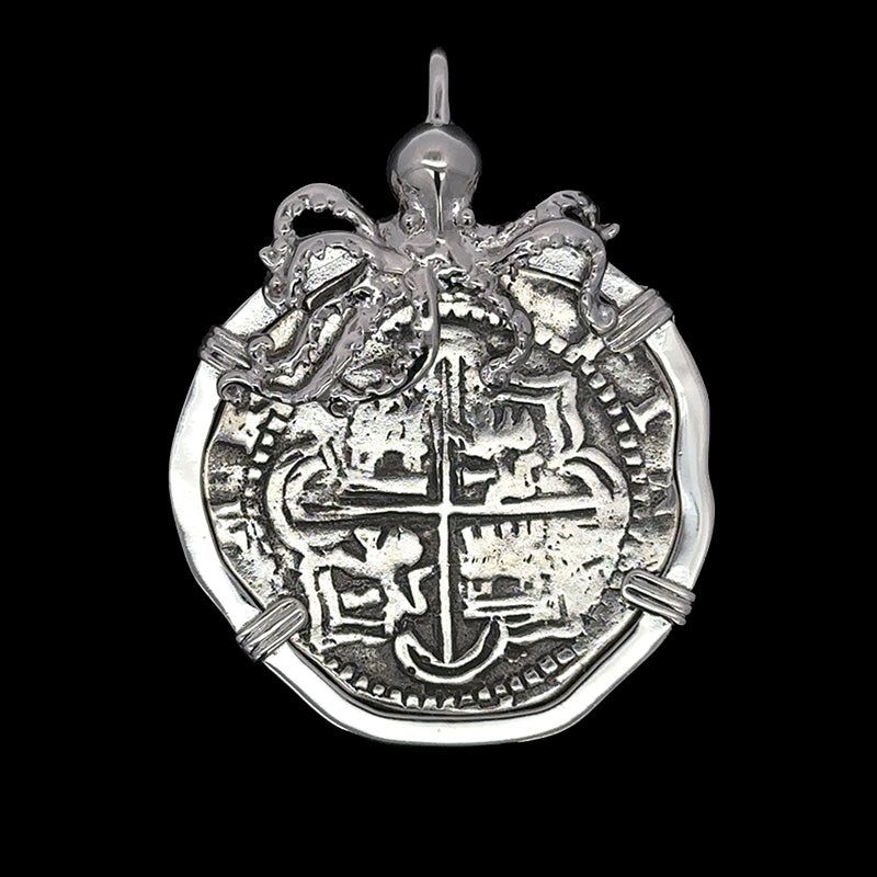 Atocha Jewelry - 8 Reale Silver Coin Large Octopus Pendant with Sterling Silver Frame