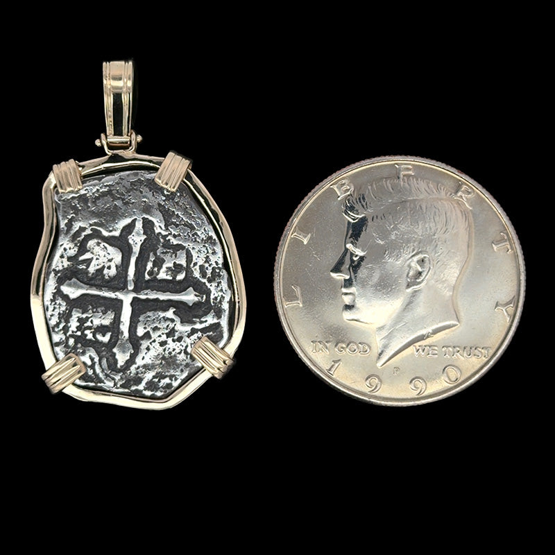 Atocha Jewelry - Long 4 Reale Silver Coin Pendant with 14k Gold Frame