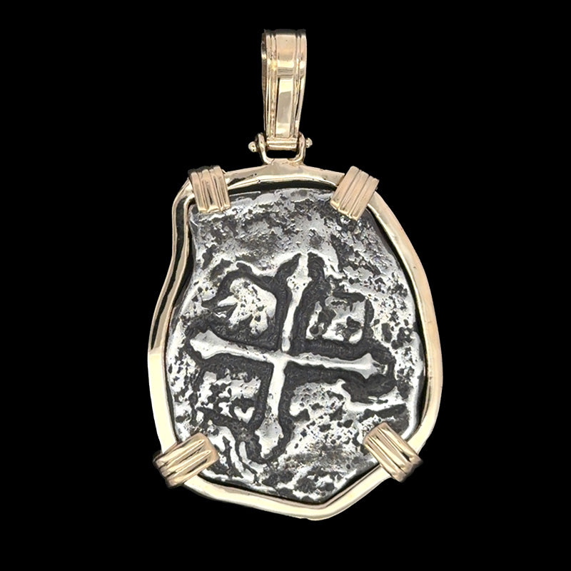 Atocha Jewelry - Long 4 Reale Silver Coin Pendant with 14k Gold Frame