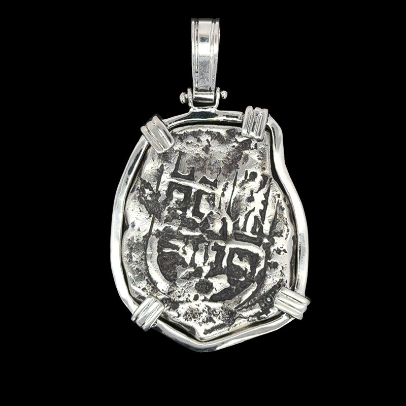 Atocha Jewelry - Long 4 Reale Silver Coin Pendant with Sterling Silver Frame