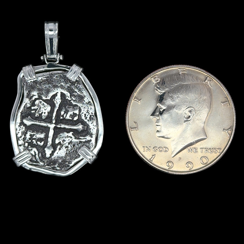Atocha Jewelry - Long 4 Reale Silver Coin Pendant with Sterling Silver Frame