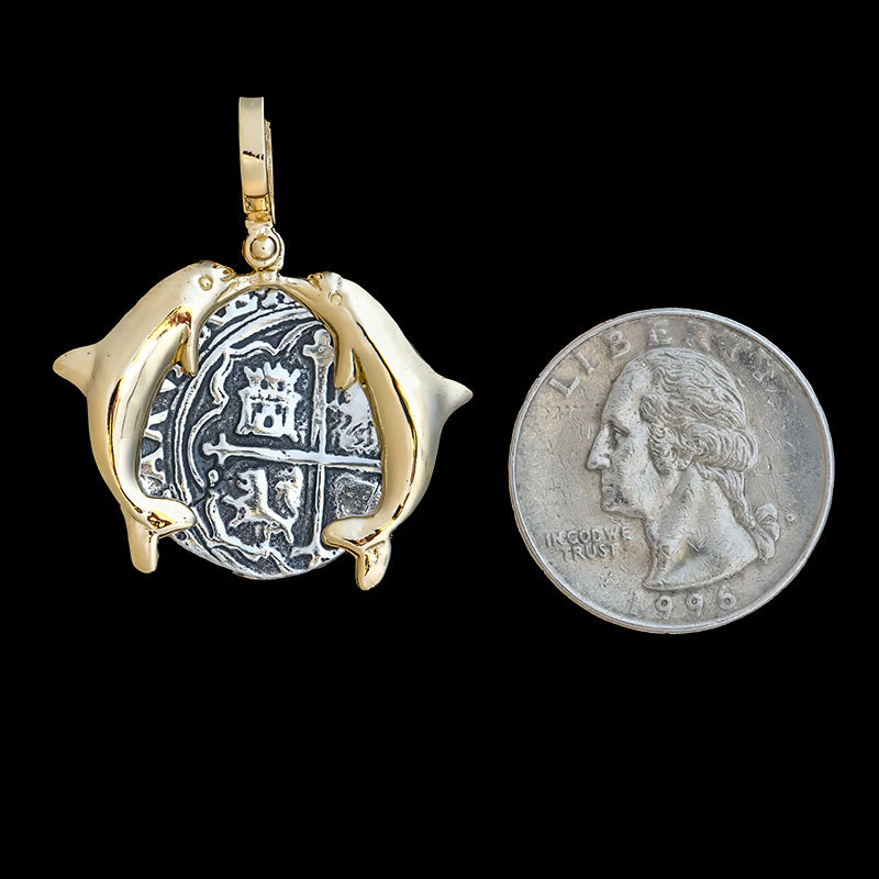 Atocha Jewelry - 2 Reales Silver Coin Pendant with14K Gold Double Dolphin Frame