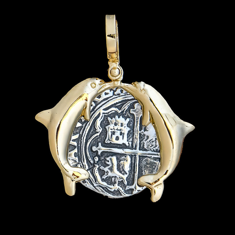 Atocha Jewelry - 2 Reales Silver Coin Pendant with14K Gold Double Dolphin Frame