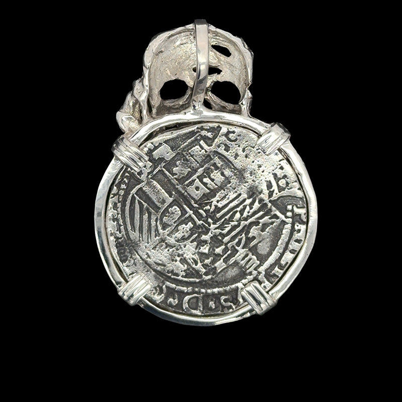 Atocha Jewelry - 8 Reale Silver Coin Pirate Skull Pendant w/Sterling Silver Frame