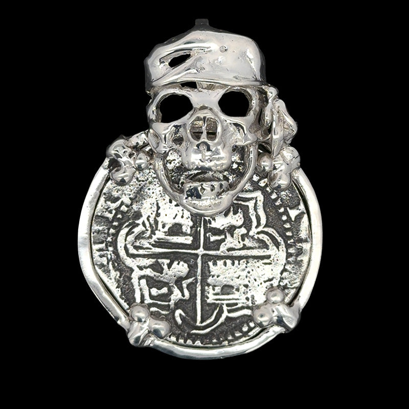 Atocha Jewelry - 8 Reale Silver Coin Pirate Skull Pendant w/Sterling Silver Frame