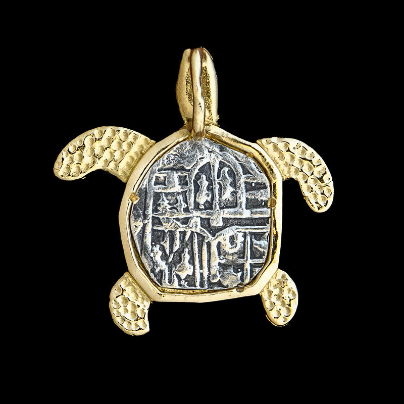 Atocha Jewelry - Small Silver Coin 14K Gold Turtle Pendant