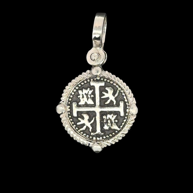 Atocha Jewelry - Small Silver Coin Pendant w/Sterling Silver Four Point Frame