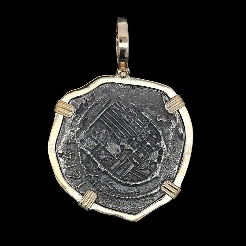 Atocha Jewelry - Large Pieces of 8 Antiqued Silver Coin with Date Pendant with Triple Prong Wrap Frame