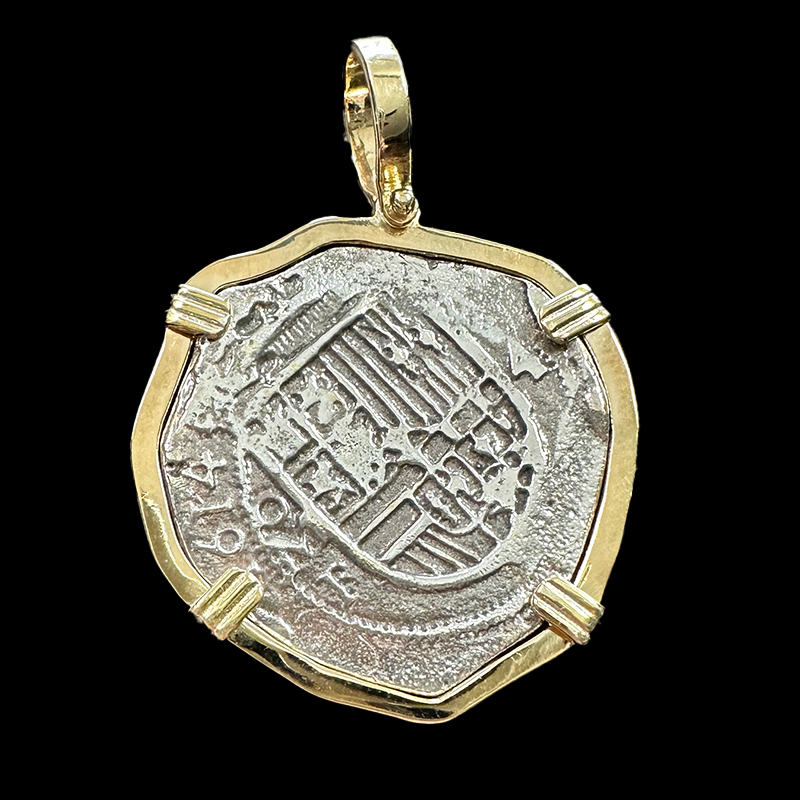 Atocha Jewelry - Large Pieces of 8 Antiqued Silver Coin with Date Pendant with Triple Prong Wrap Frame