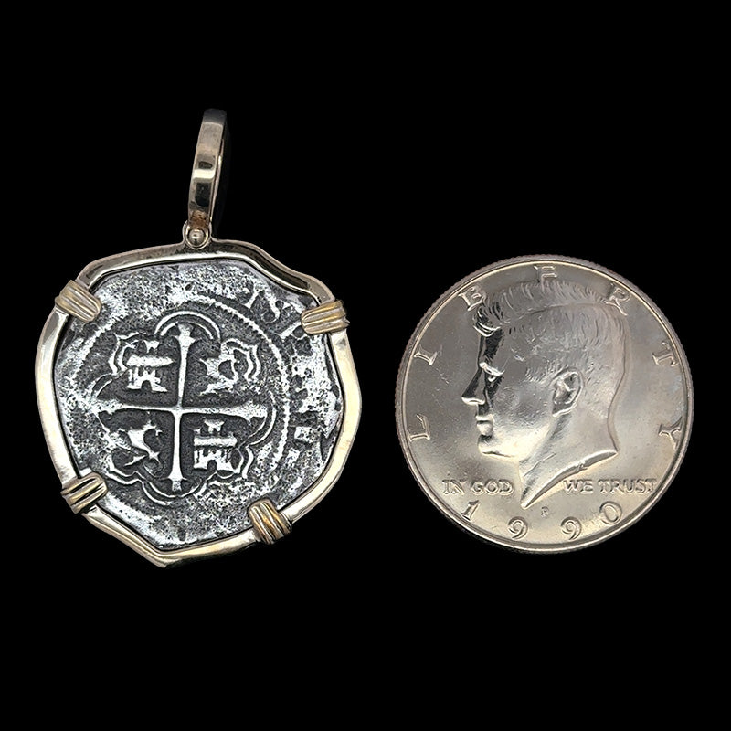Atocha Jewelry - Large Pieces of 8 Antiqued Silver Coin with Date Pendant with Triple Prong Wrap Frame