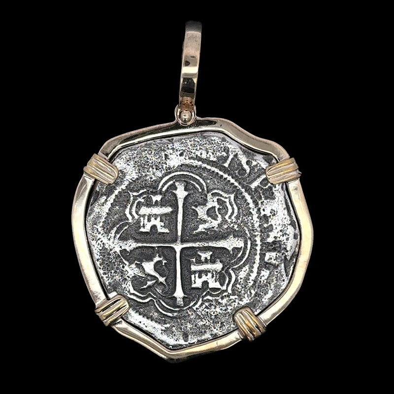 Atocha Jewelry - Large Pieces of 8 Antiqued Silver Coin with Date Pendant with Triple Prong Wrap Frame