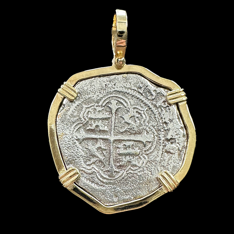Atocha Jewelry - Large Pieces of 8 Antiqued Silver Coin with Date Pendant with Triple Prong Wrap Frame