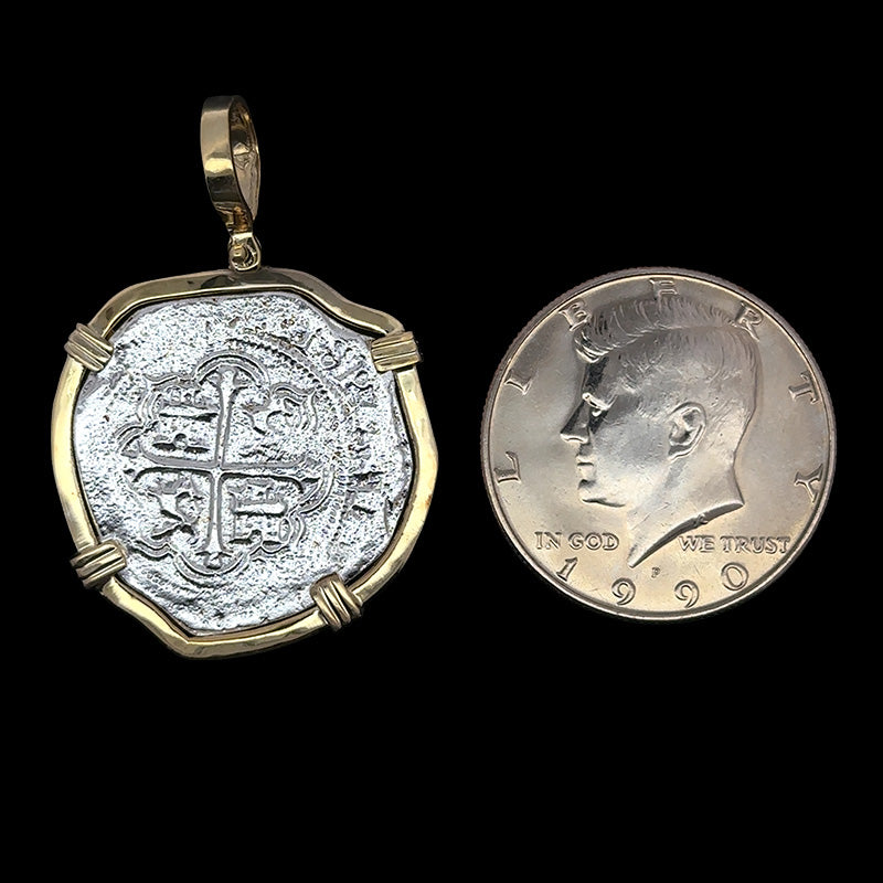 Atocha Jewelry - Large Pieces of 8 Silver Coin with Date Pendant with Triple Prong Wrap Frame