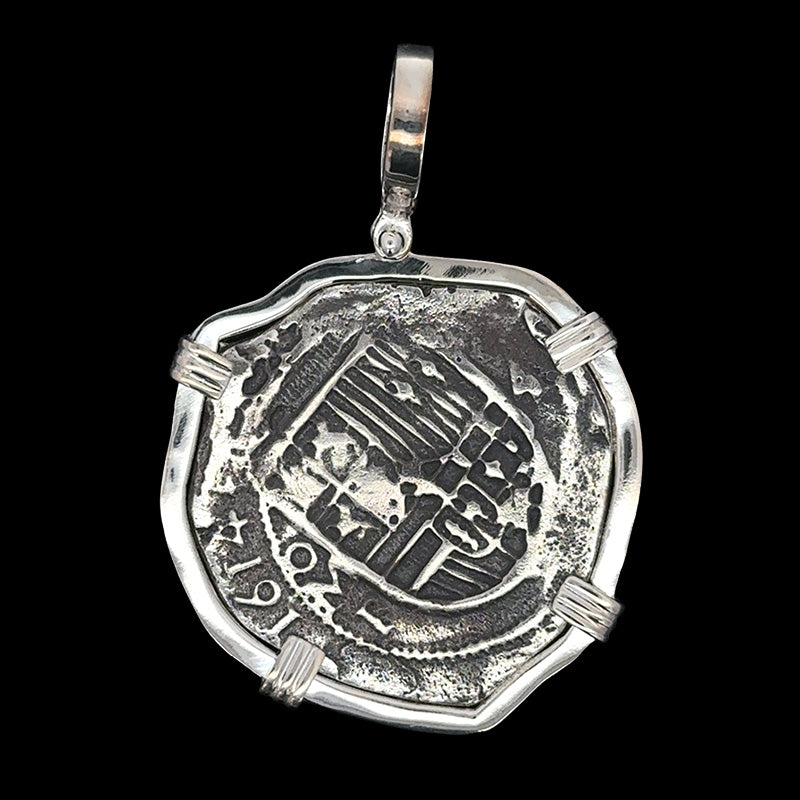 Atocha Jewelry - Large Pieces of 8 Silver Coin with Date Pendant with Sterling Silver Wrap Frame