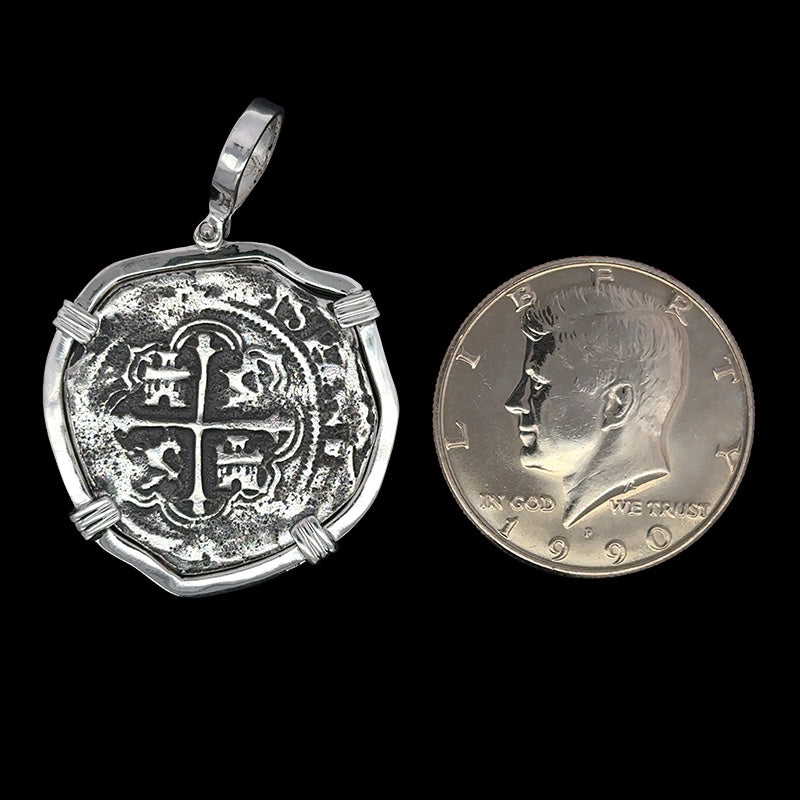 Atocha Jewelry - Large Pieces of 8 Silver Coin with Date Pendant with Sterling Silver Wrap Frame