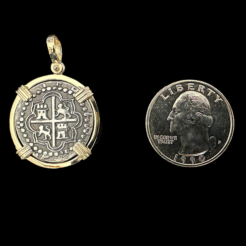 Atocha Jewelry - 2 Reale Silver Coin Pendant with 14K Gold Triple Prong Wrap Frame