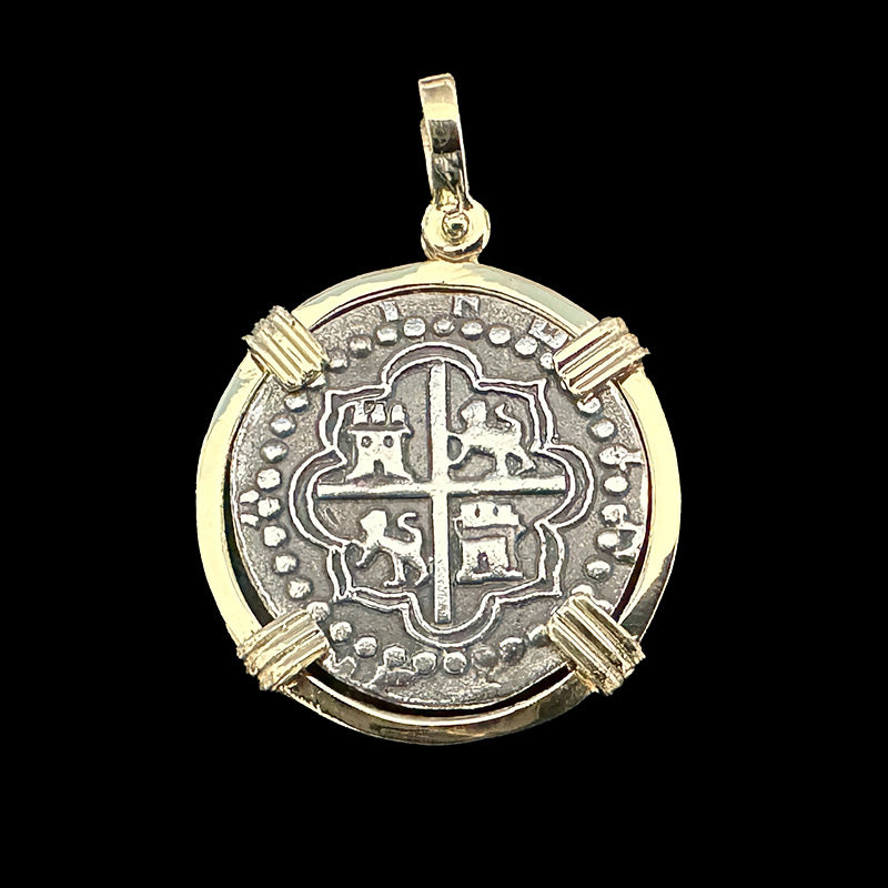 Atocha Jewelry - 2 Reale Silver Coin Pendant with 14K Gold Triple Prong Wrap Frame