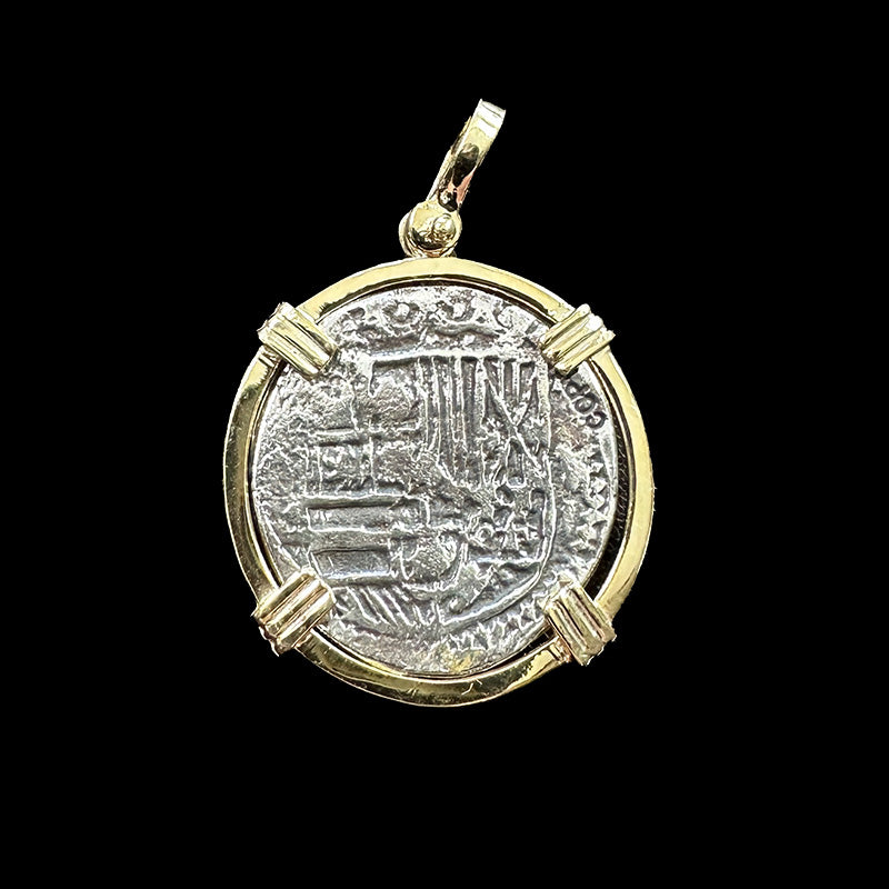 Atocha Jewelry - 2 Reale Antiqued Silver Coin Pendant with Triple Prong Wrap Frame