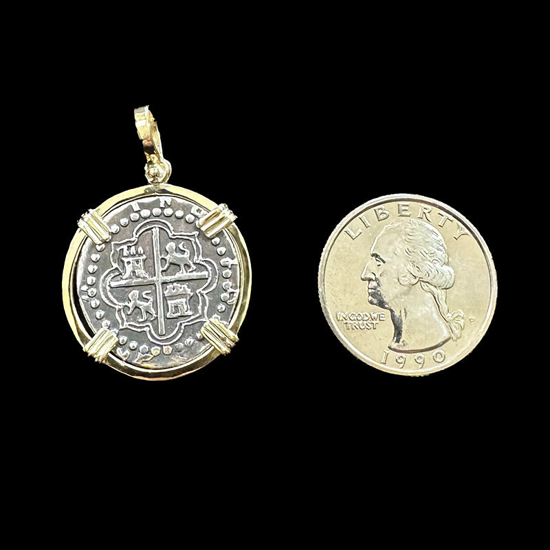 Atocha Jewelry - 2 Reale Antiqued Silver Coin Pendant with Triple Prong Wrap Frame