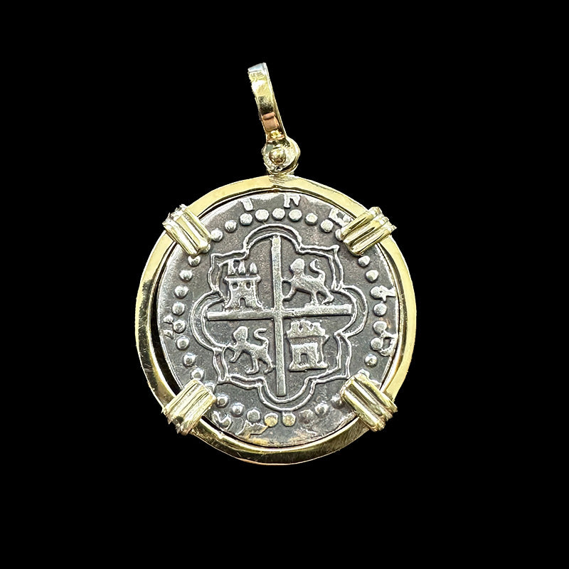 Atocha Jewelry - 2 Reale Antiqued Silver Coin Pendant with Triple Prong Wrap Frame