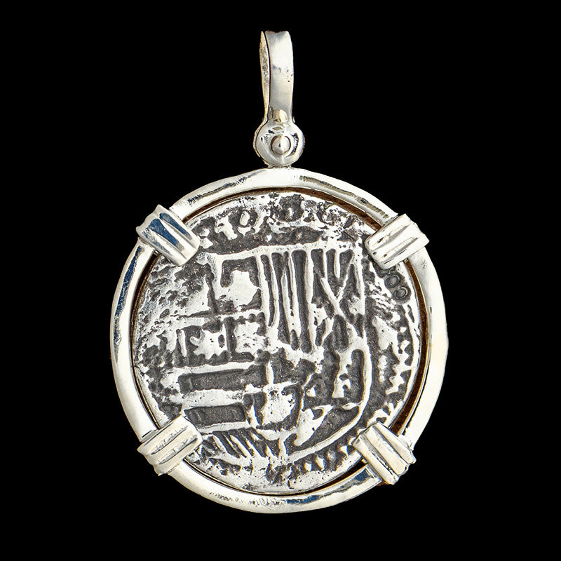 Atocha Jewelry - 2 Reale Silver Coin Pendant with Sterling Silver Triple Prong Wrap Frame
