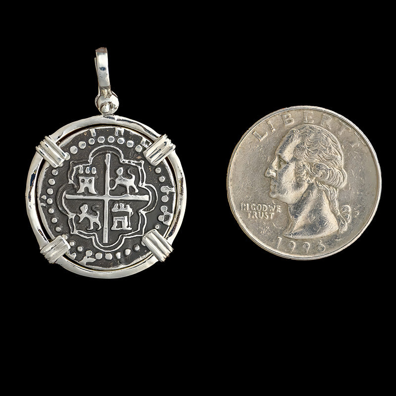 Atocha Jewelry - 2 Reale Silver Coin Pendant with Sterling Silver Triple Prong Wrap Frame