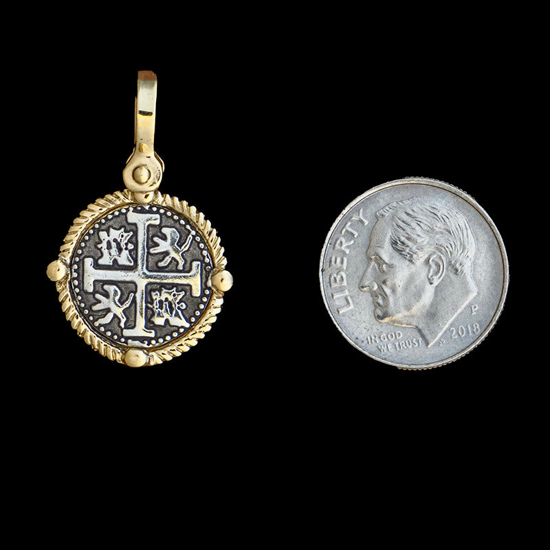 Atocha Jewelry - Small Silver Coin Pendant w/14K Gold Four Point Frame