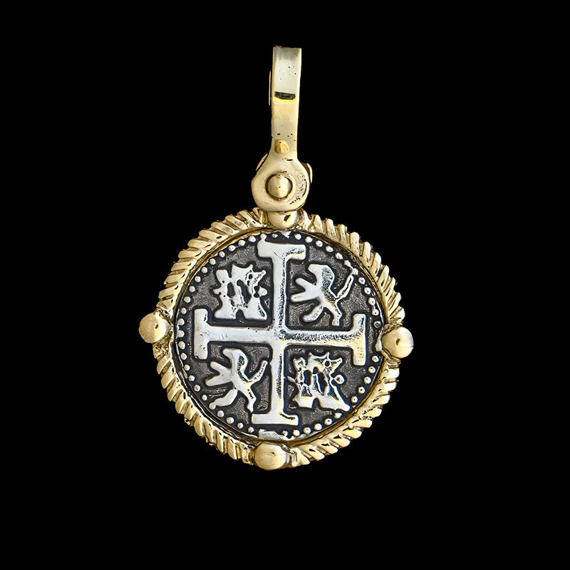 Atocha Jewelry - Small Silver Coin Pendant w/14K Gold Four Point Frame