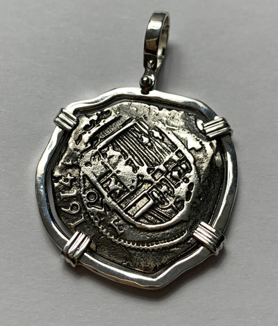 Atocha Jewelry - Large Pieces of 8 Silver Coin with Date Pendant with Sterling Silver Wrap Frame