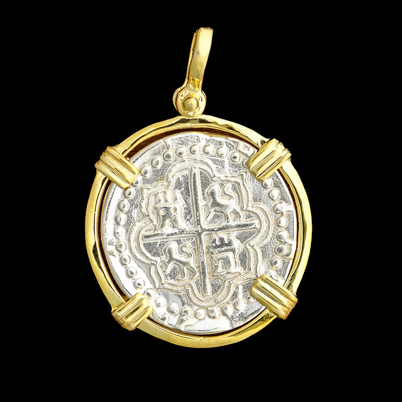 Atocha Jewelry - 2 Reale Silver Coin Pendant with 14K Gold Triple Prong Wrap Frame