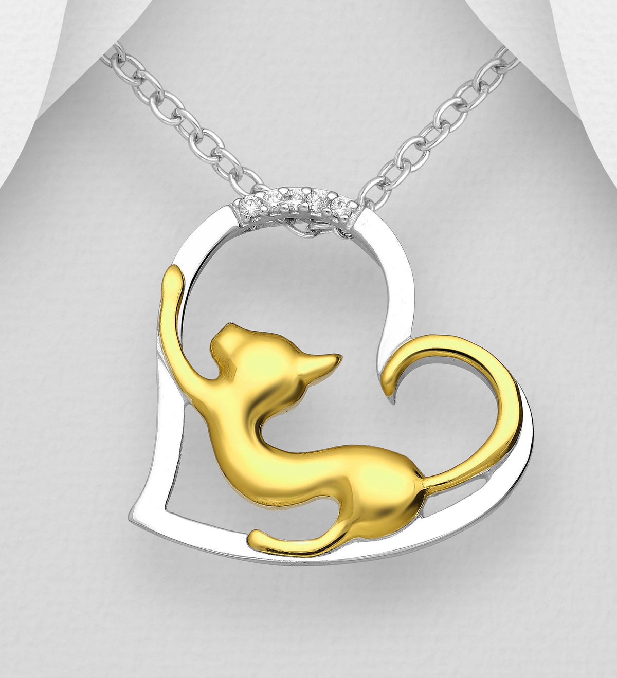 Cat on Heart Sterling Silver Pendant with Cubic Zirconia Simulated Diamonds, Cat Plated with 14K Yellow Gold