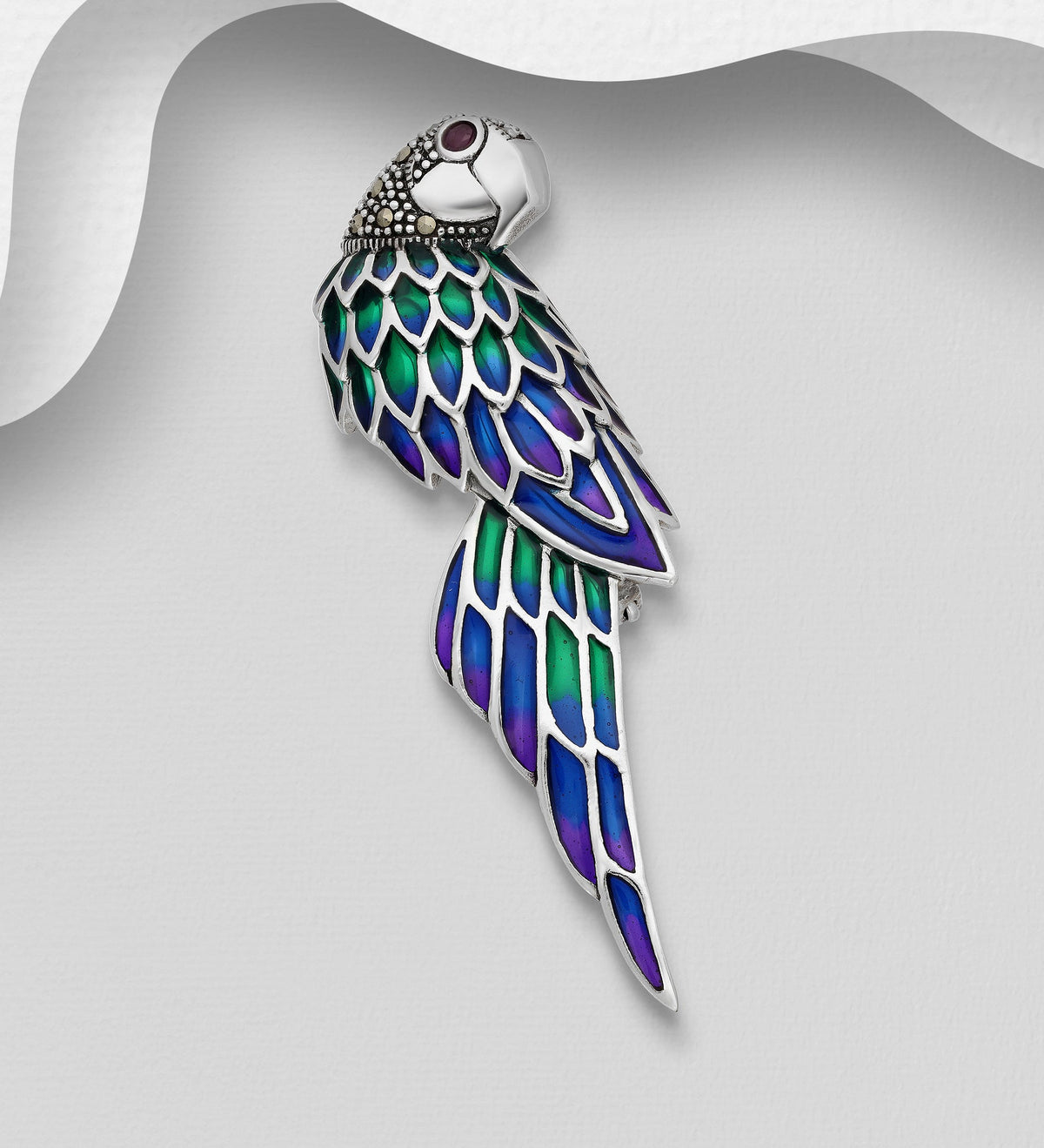 Macaw Bird Sterling Silver Brooch/Pendant, Decorated with Colored Enamel, Gemstones and Marcasite