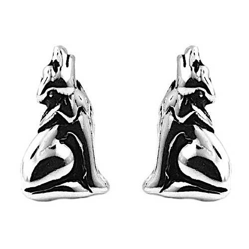 Moon Gazing Wolf Sterling Silver Stud Earrings