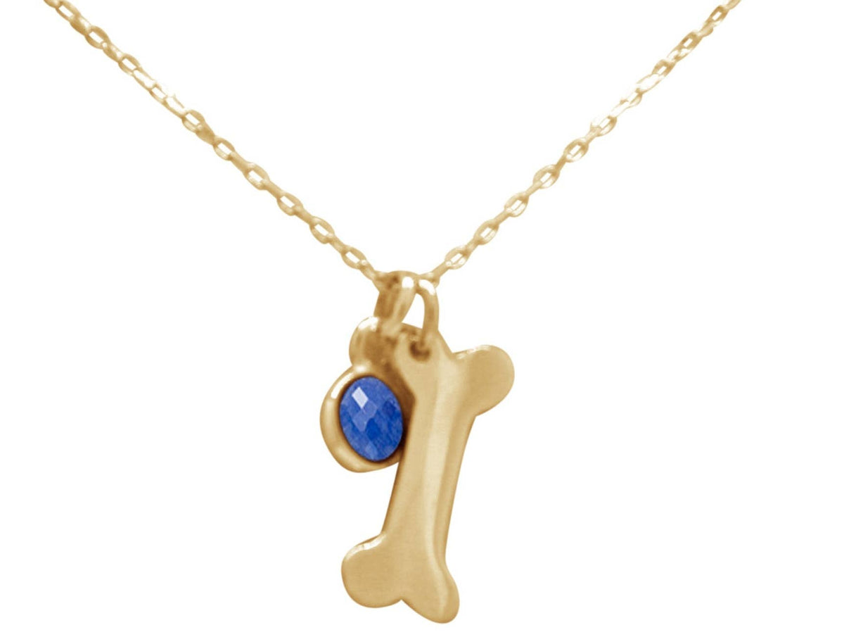 Dog Bone Pendant with Sapphire Gold Plated Sterling Silver Necklace