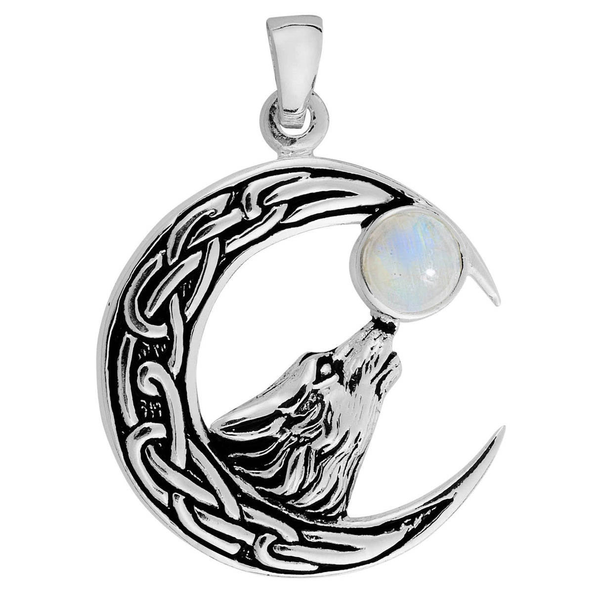 Moon Wolf Celtic Sterling Silver with Moonstone Pendant