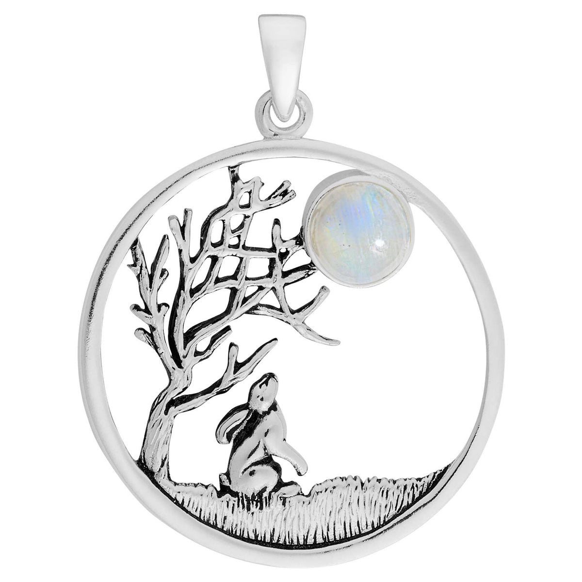 Moon Gazing Hare Under Tree of Life Sterling Silver with Moonstone Pendant