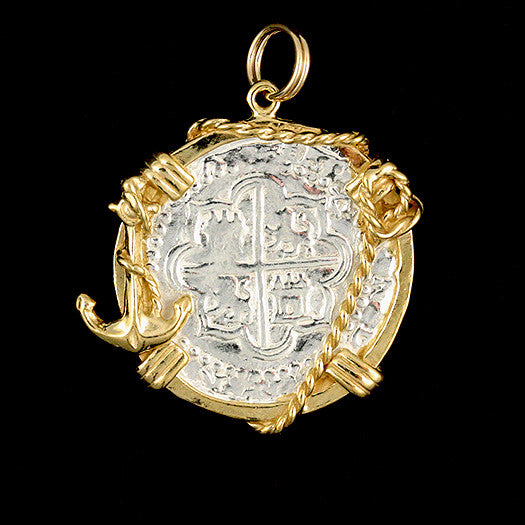 Atocha Jewelry - Medium Pieces of 8 Silver Anchor &amp; Chain Coin Pendant Front