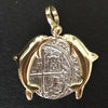 Atocha Jewelry - 2 Reales Silver Coin Pendant w/14K Gold Double Dolphin Frame