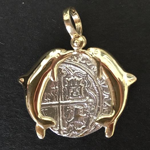 Atocha Jewelry - 2 Reales Silver Coin Pendant w/14K Gold Double Dolphi -  Virtual Treasure Chest