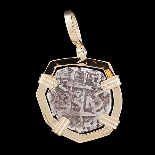 Atocha Jewelry - Odd Shape Silver Coin Pendant with 14K Gold Frame