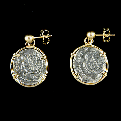 Atocha Jewelry - 1 Reale Silver Coin Earrings with 14K Gold Frame