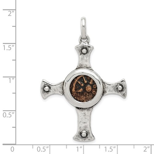 Ancient Coins Sterling Silver and Bronze Antiqued Widow&#39;s Mite Coin Cross Pendant