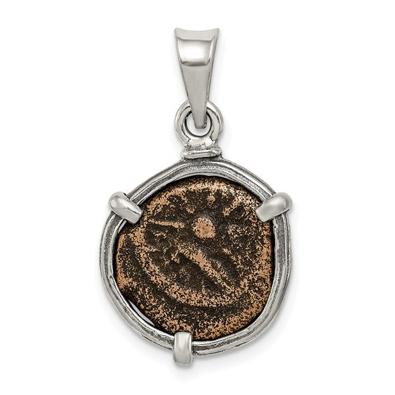 Ancient Coins Sterling Silver and Bronze Antiqued Widow&#39;s Mite Coin Pendant